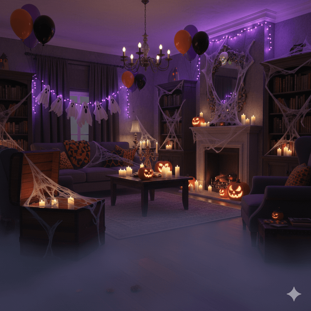 Living room decorated with balloons, ghost garland, candles, and cobwebs