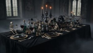 Elegantly decorated dining table with black cloth, skull candles, potion bottles, and skeleton decorations
