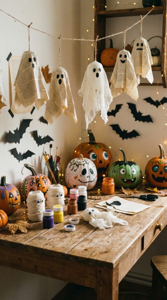 Multiple DIY items together—paper ghosts, mummies, bat cutouts, painted pumpkins
