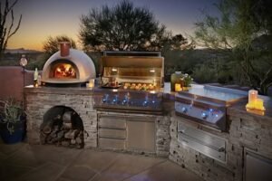 outdoor kitchen with pizza oven and bar