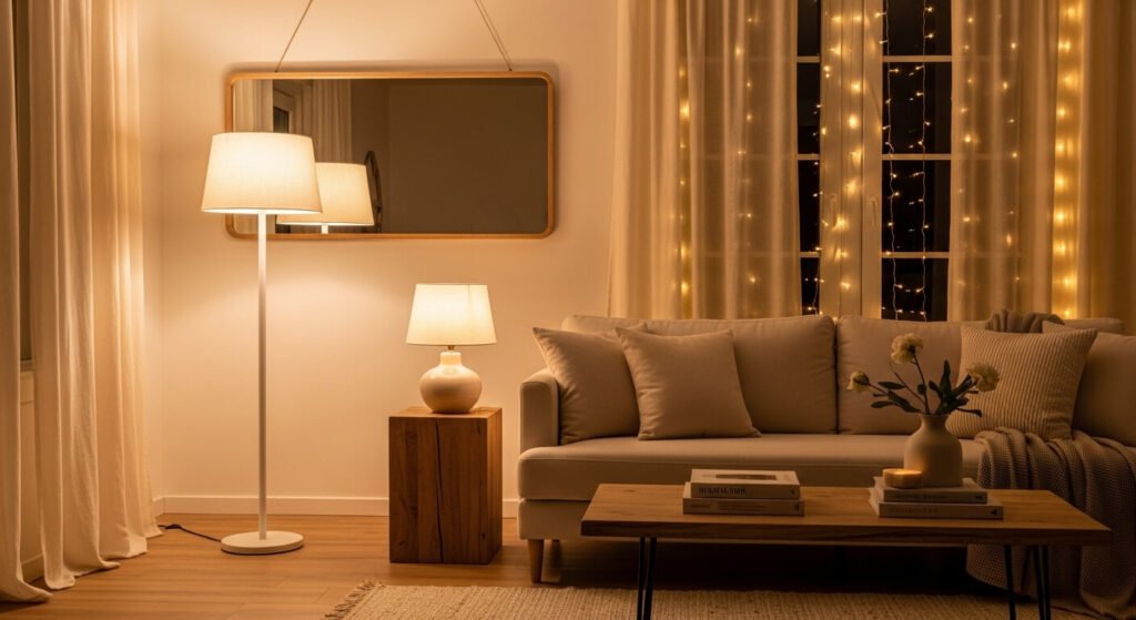 A budget-friendly living room styled to look expensive with layered lighting, neutral tones, and minimal decor

