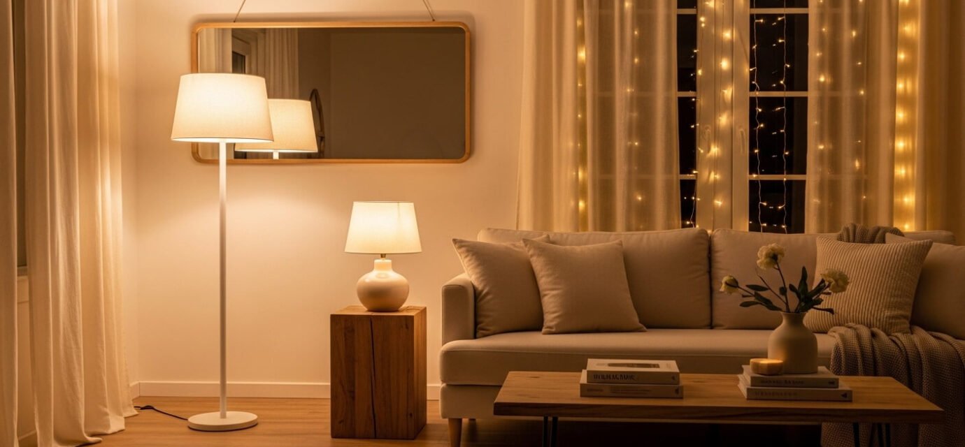 A budget-friendly living room styled to look expensive with layered lighting, neutral tones, and minimal decor