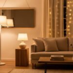 A budget-friendly living room styled to look expensive with layered lighting, neutral tones, and minimal decor