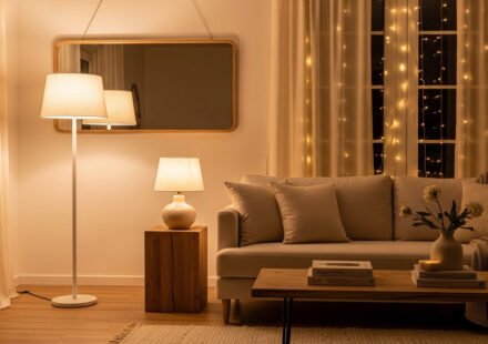 A budget-friendly living room styled to look expensive with layered lighting, neutral tones, and minimal decor