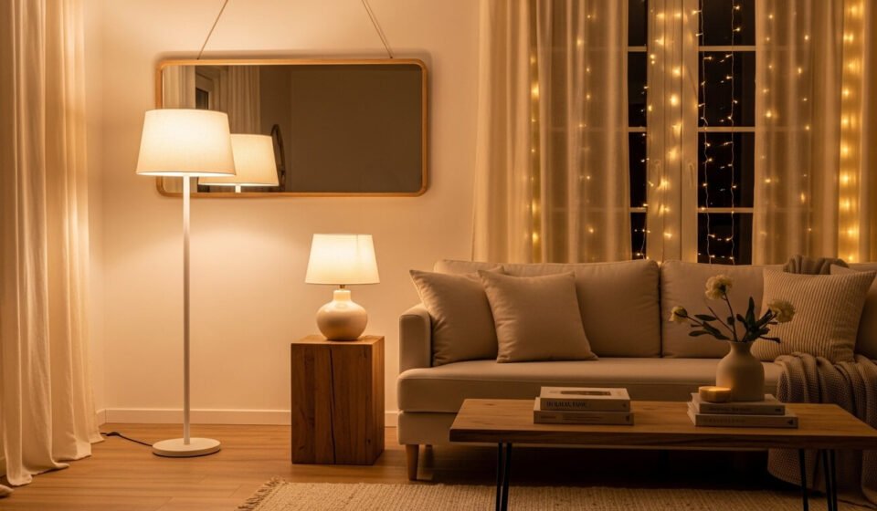 A budget-friendly living room styled to look expensive with layered lighting, neutral tones, and minimal decor