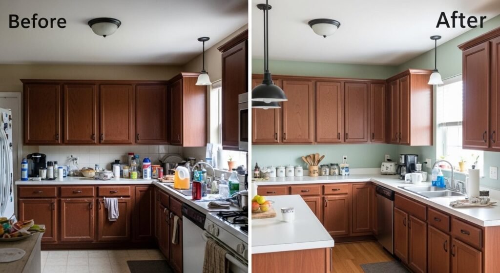 Kitchen before and after decorating on a budget