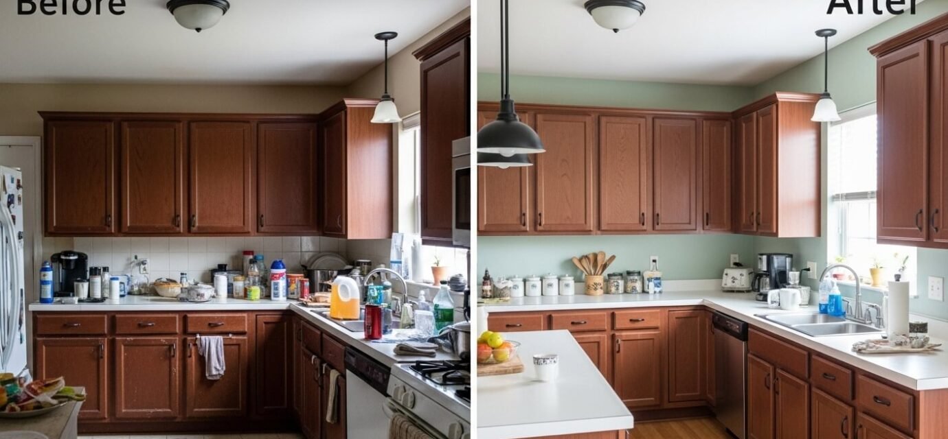 Kitchen before and after decorating on a budget