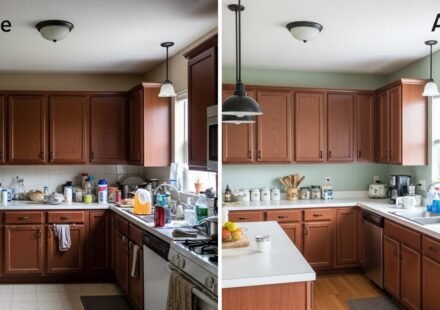Kitchen before and after decorating on a budget