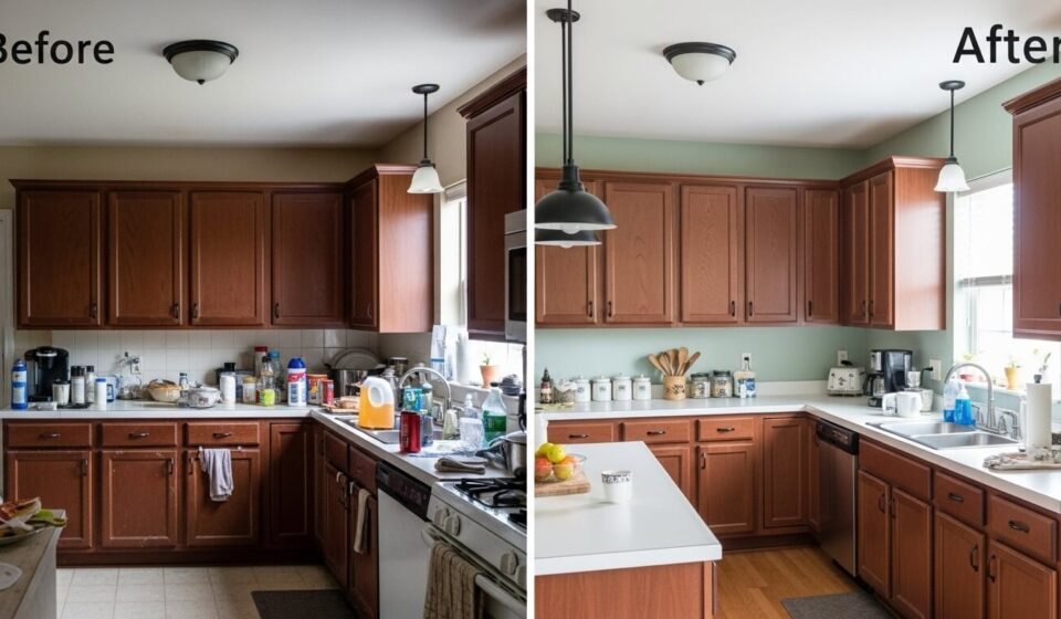 Kitchen before and after decorating on a budget