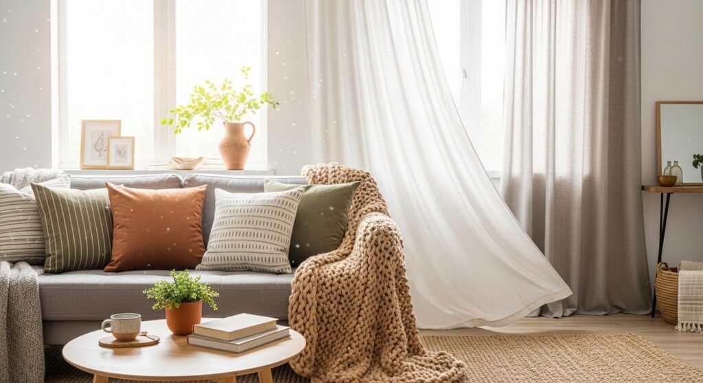 Sofa styled with quality throw pillows and a chunky knit blanket next to heavy linen curtains creating a luxurious but budget-friendly living room look

