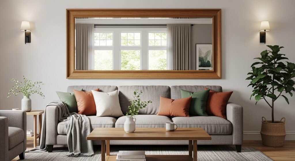 Large wood-framed mirror above a sofa doubling the light and making a small living room appear larger and more elegant


