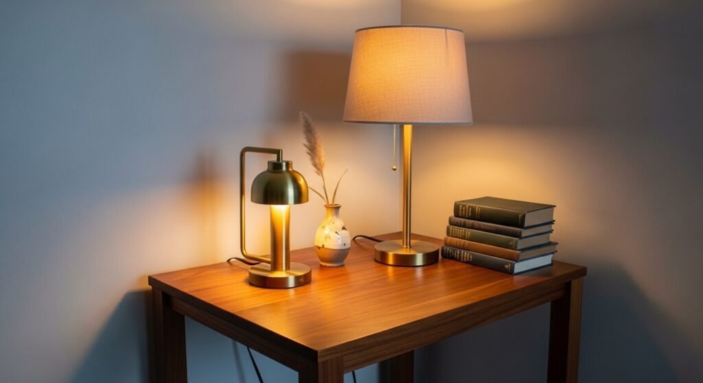 Thrifted solid wood furniture and brass lamps styled elegantly in a modern home interior

