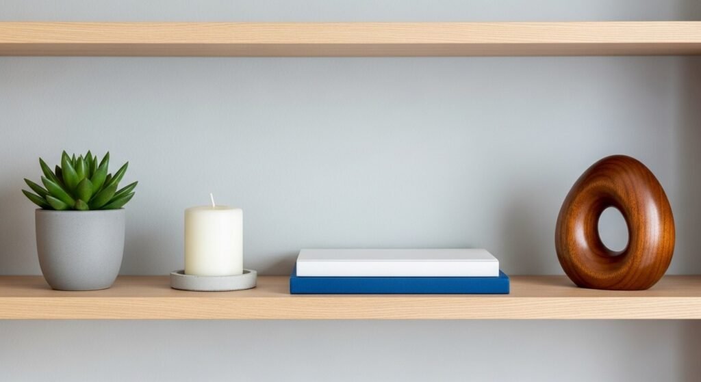 Minimalist bookshelf with a few intentional decorative items showing the beauty of empty space in home decor

