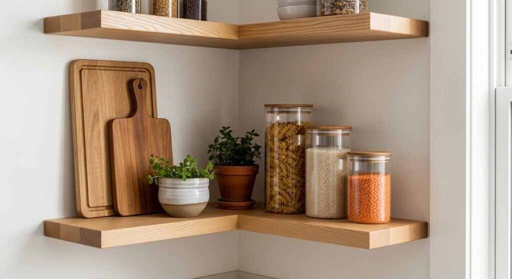 Open kitchen shelves with minimalist styling