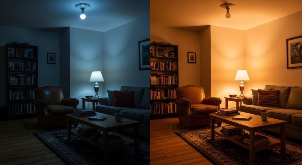 Room comparison showing flat overhead lighting versus warm layered lamp lighting for a more expensive feel


